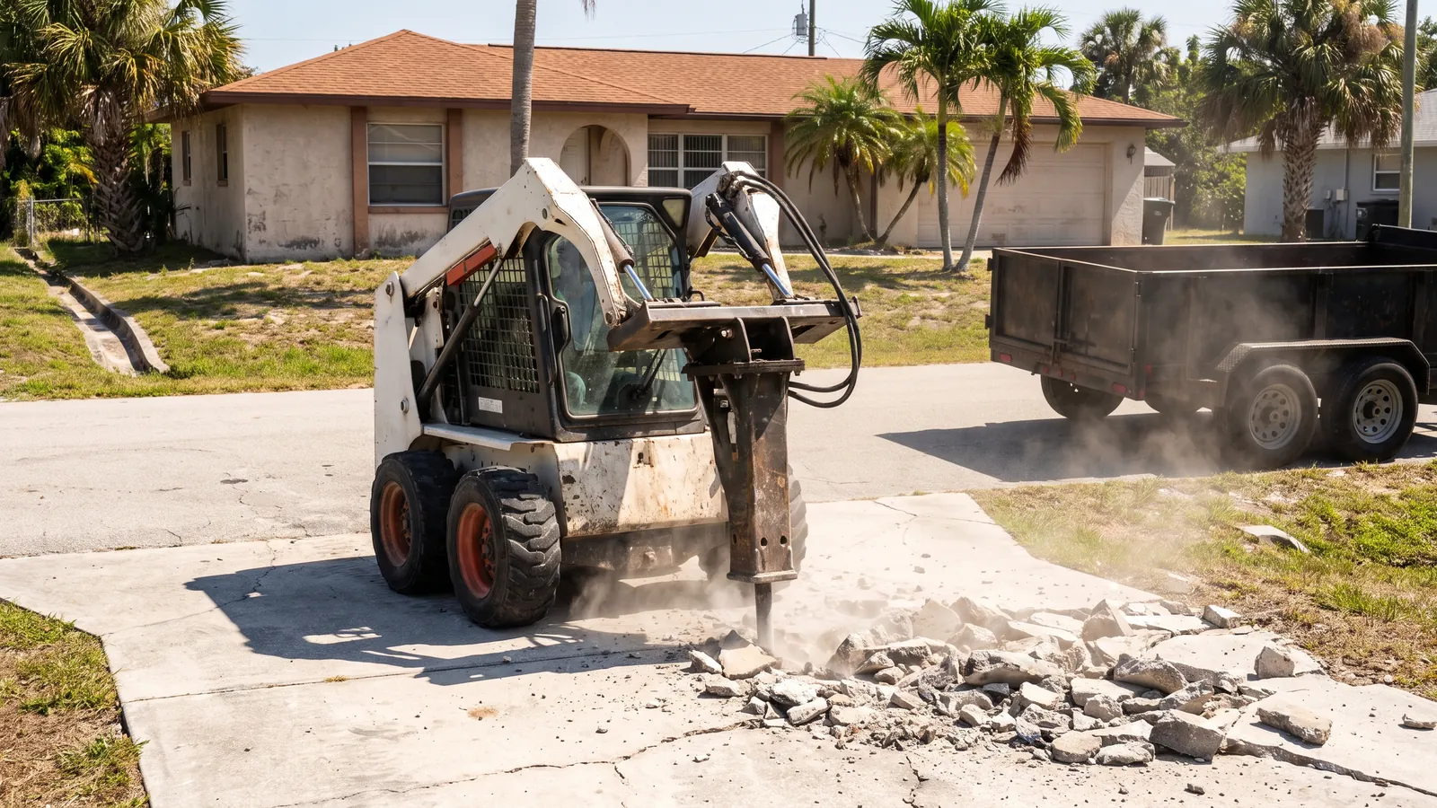 Skid steer with a breaker attachment breaking up an old cracked concrete driveway with a dump trailer waiting