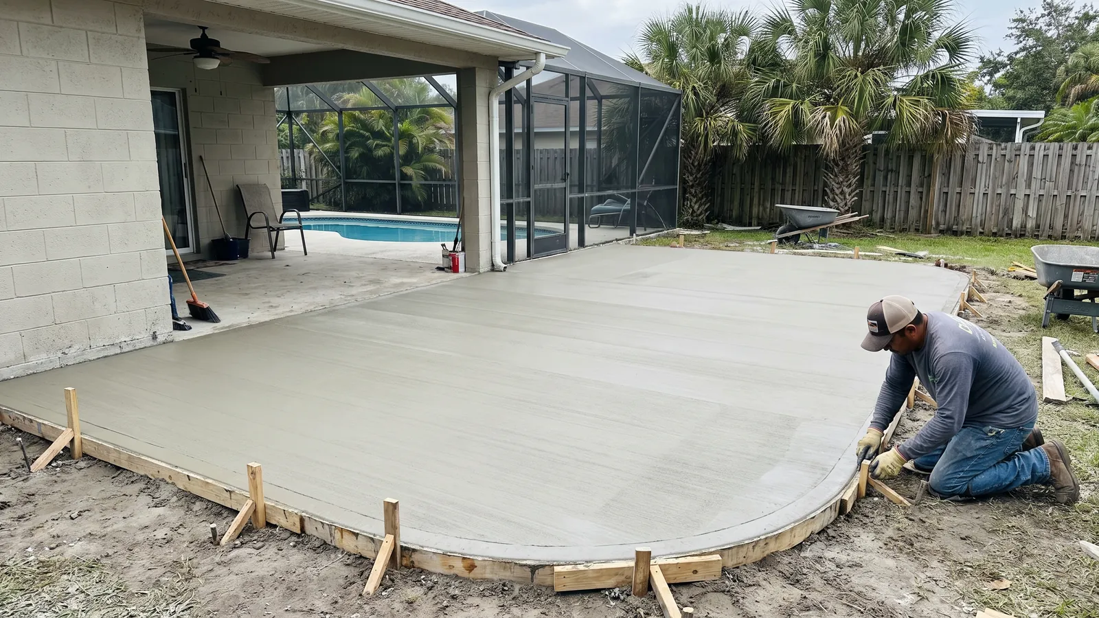 Broom-finished concrete lanai extension poured off a covered porch at a Florida block home with a screened pool cage