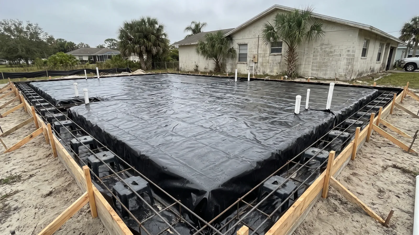 Monolithic slab foundation with thickened-edge footing forms, rebar chairs and a vapor barrier ready for a pour on sandy ground